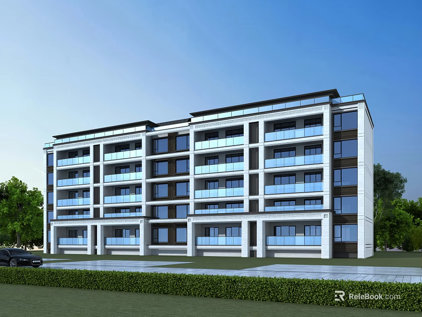 Modern Multi Storey Residential Building With Glass Balconies White Dark Facade And Green Lawn Surroundings 3d model 