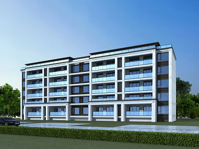 Modern Multi Storey Residential Building With Glass Balconies White Dark Facade And Green Lawn Surroundings 3d model