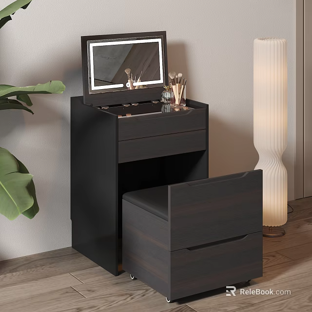 Modern Dark Wood Dressing Table with Mirror Makeup Brushes and Storage Stool 3d model