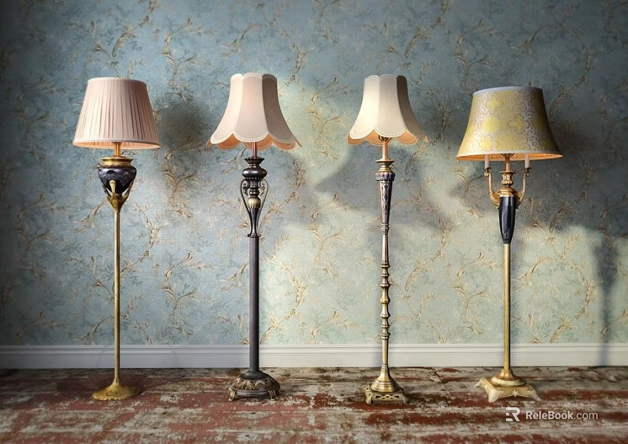 Four Vintage Floor Lamps With Ornate Metal Bases And Linen Shades On Patterned Wallpaper 3d model 
