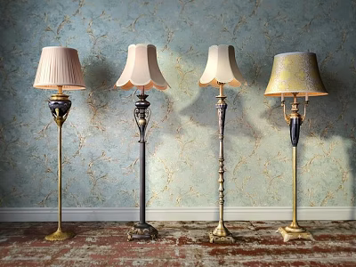 Four Vintage Floor Lamps With Ornate Metal Bases And Linen Shades On Patterned Wallpaper 3d model