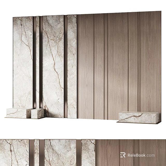 Modern Bedroom Accent Wall With Marble Texture And Wooden Panel Design 3d model 