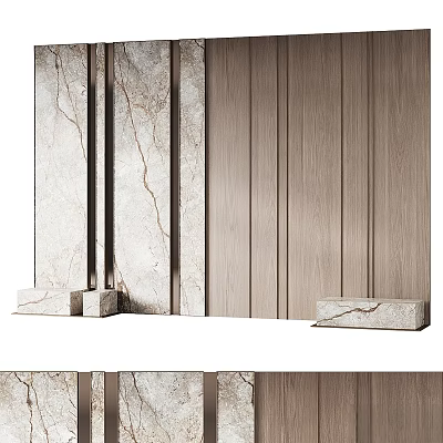 Modern Bedroom Accent Wall With Marble Texture And Wooden Panel Design 3d model