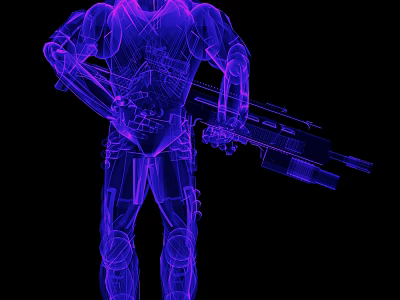 Futuristic Purple 3D Wireframe Game And Movie Character Holding Sniper Rifle 3d model