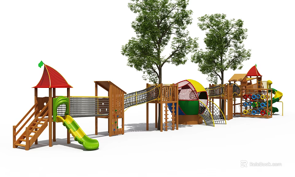 Kindergarten Playground With Wooden Play Structures Slide Climbing Net And Trees 3d model