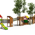 Kindergarten Playground With Wooden Play Structures Slide Climbing Net And Trees 3d model