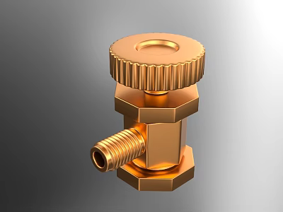 Golden Metal Mechanical Component With Knurled Knob Hexagonal Body And Threaded End 3d model