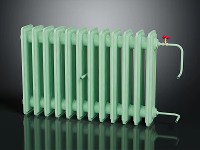 Green Cast Iron Radiator With Red Valves And Multiple Heat Fins On Dark Background 3d model
