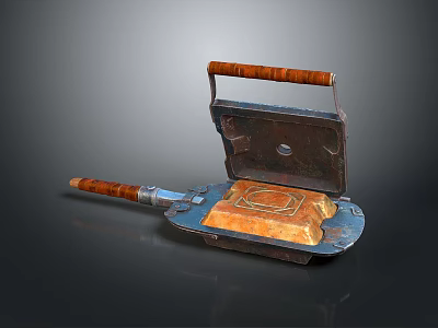 Vintage Metal Clothes Iron With Wooden Handle And Open Lid Design 3d model