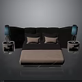 Modern Bedroom Furniture With Pink Mattress Dark Headboard Nightstands And Blue Lampshades