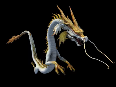 Mythical White Dragon With Golden Horns Yellow Fins And Long Whiskers 3d model