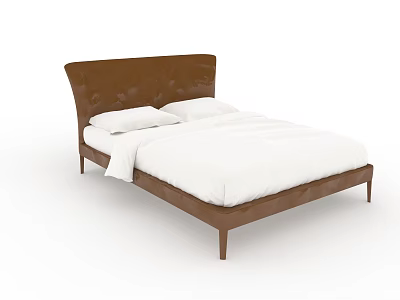 Button Tufted Brown Leather Double Bed With White Bedding And Wooden Frame 3d model