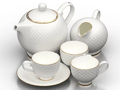 Elegant White Tea Set With Gold Trim Textured Teapot Creamer Cups And Saucers 3d model
