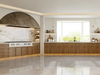 Modern Kitchen With Arched Design Large Window Wooden Cabinets And Marble Countertops 3d model