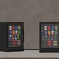 Two Black Glass Door Beverage Refrigerators With Colorful Canned Drinks In Modern Home