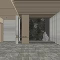 Modern Reception Area With Marble Flooring Wooden Ceiling Stone Wall HOME Sign And Sculpture