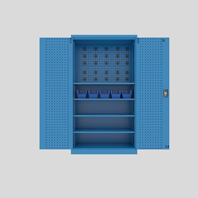 Blue Storage Cabinet With Open Doors Pegboard Blue Bins And Shelves 3d model