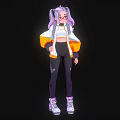Game And Movie Character With Purple Pigtails Hair Round Glasses White Orange Jacket And Backpack