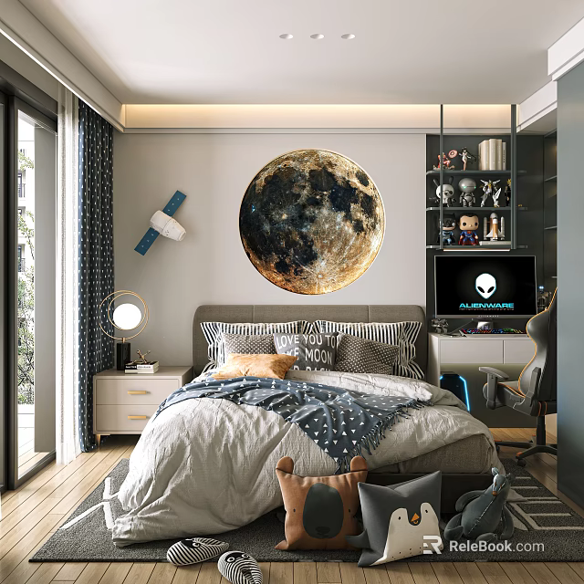 Kids Room Interior With Large Moon Wall Decor Bed Toy Shelves And Nightstand Lamp 3d model 