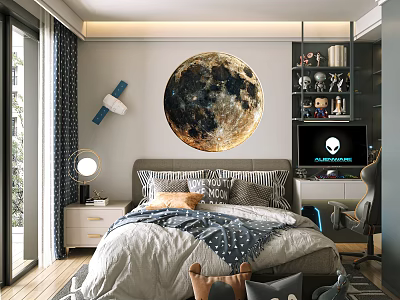 Kids Room Interior With Large Moon Wall Decor Bed Toy Shelves And Nightstand Lamp 3d model