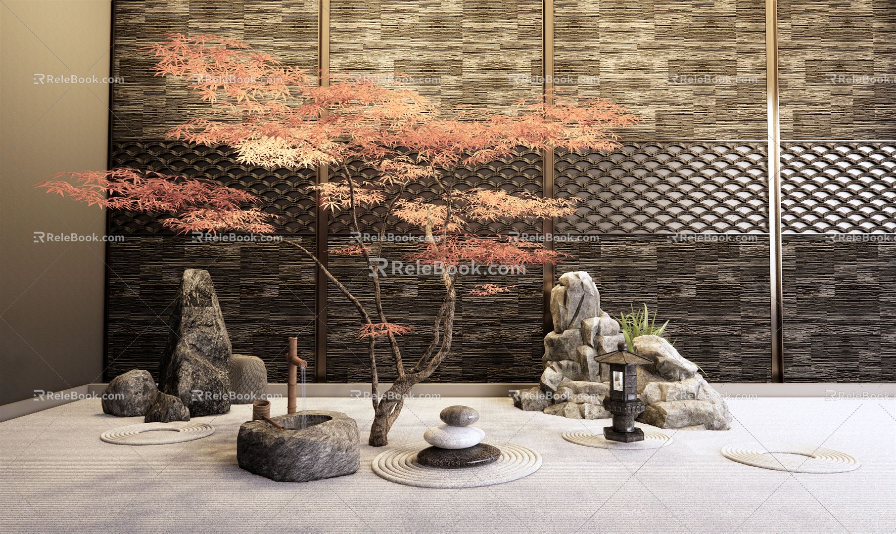 New Chinese style landscape sketch landscape courtyard sketch Zen garden landscape Zen dry landscape red maple landscape tree water bowl landscape stone rockery stone model