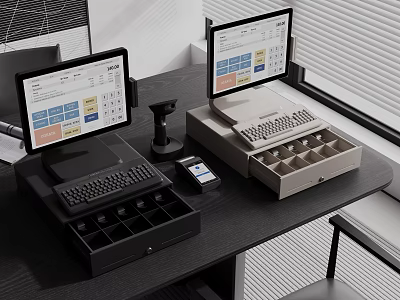 Dual Commercial Cash Registers With Displays Keyboards Cash Drawers And Payment Terminal 3d model