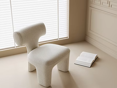 Modern Beige Upholstered Stool With Soft Curved Backrest And Open Book In Bright Corner 3d model