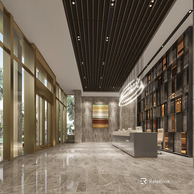 Modern Lounge Area Featuring Large Windows Golden Frames Dark Wooden Ceiling And Marble Flooring 3d model 