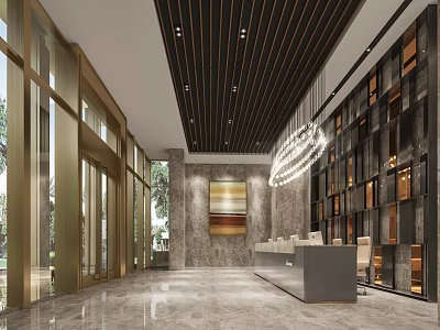 Modern Lounge Area Featuring Large Windows Golden Frames Dark Wooden Ceiling And Marble Flooring 3d model