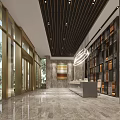 Modern Lounge Area Featuring Large Windows Golden Frames Dark Wooden Ceiling And Marble Flooring