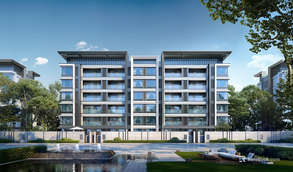 Modern Residential Building With Glass Facade And Landscape 3d model 