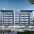 Modern Residential Building With Glass Facade And Landscape