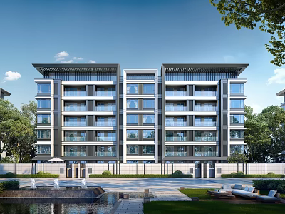 Modern Residential Building With Glass Facade And Landscape 3d model