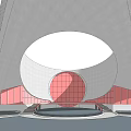 Modern Architectural Building With Streamlined White Roof Circular Opening And Red Glass Facade
