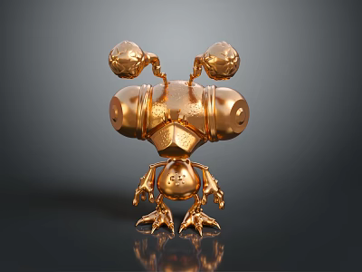 Golden Mechanical Character And Creature With Spherical Head Parts Hexagonal Body And Claw Feet 3d model