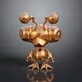 Golden Mechanical Character And Creature With Spherical Head Parts Hexagonal Body And Claw Feet