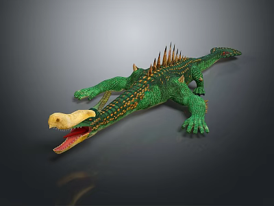 Green Reptile 3D Model Spiked Back Yellow Spots Open Mouth Sharp Teeth Dark Background Reflection 3d model