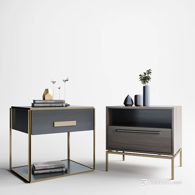 Modern Bedside Tables with Glass Top Wooden Design Golden Legs Drawers Books Vase and Plant 3d model 