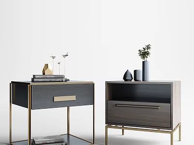 Modern Bedside Tables with Glass Top Wooden Design Golden Legs Drawers Books Vase and Plant 3d model