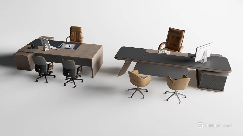 Modern Office Desk With Wooden Top Gray Frame Ergonomic Chairs And Computer Monitors 3d model 