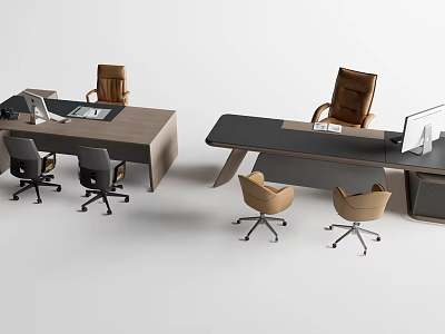 Modern Office Desk With Wooden Top Gray Frame Ergonomic Chairs And Computer Monitors 3d model