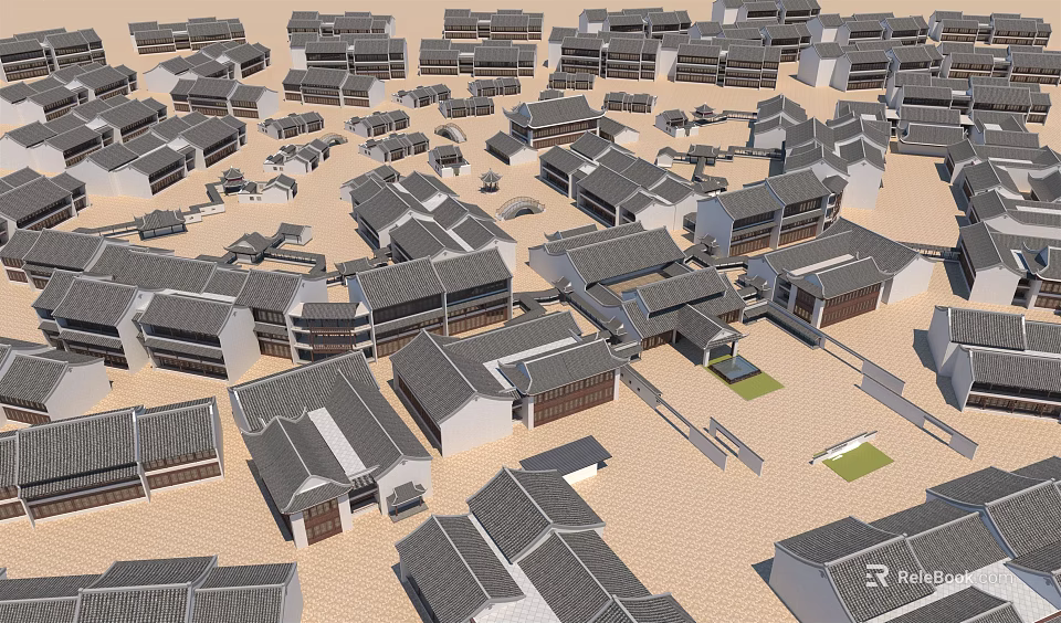 Ancient Traditional Architecture With Grey Roof Tiles And Courtyard Layout Design 3d model 
