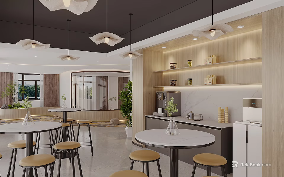 Modern Lounge Area Interior With Round Tables Stools Pendant Lights Green Plants And Decorative Shelves 3d model 