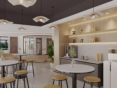 Modern Lounge Area Interior With Round Tables Stools Pendant Lights Green Plants And Decorative Shelves 3d model