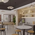 Modern Lounge Area Interior With Round Tables Stools Pendant Lights Green Plants And Decorative Shelves