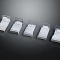 Five White Beds With Metal Frames Mattresses And Pillows Neatly Arranged On Dark Background