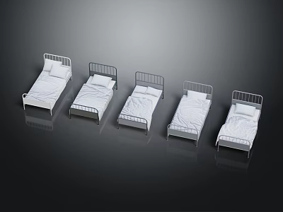 Five White Beds With Metal Frames Mattresses And Pillows Neatly Arranged On Dark Background 3d model