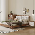 Double Bed With Tufted Headboard Wooden Frame Nightstand Framed Artwork And Area Rug