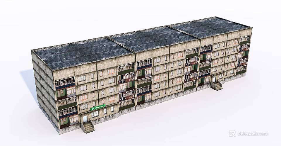 Vintage Multi Storey Apartment Building Exterior With Balconies And Gray Roof 3d model 