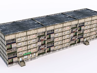Vintage Multi Storey Apartment Building Exterior With Balconies And Gray Roof 3d model